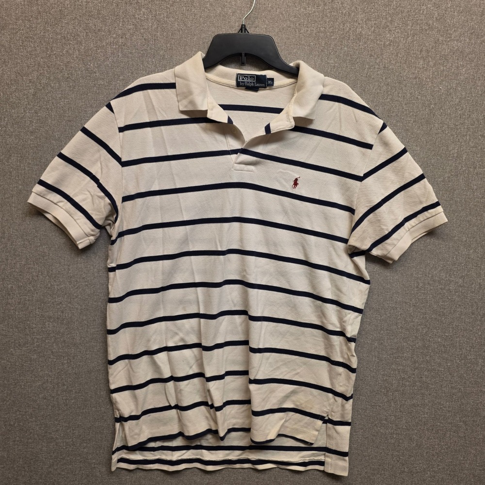 Polo Ralph Lauren Mens XL Cream Navy Striped Pique Polo Shirt Preppy